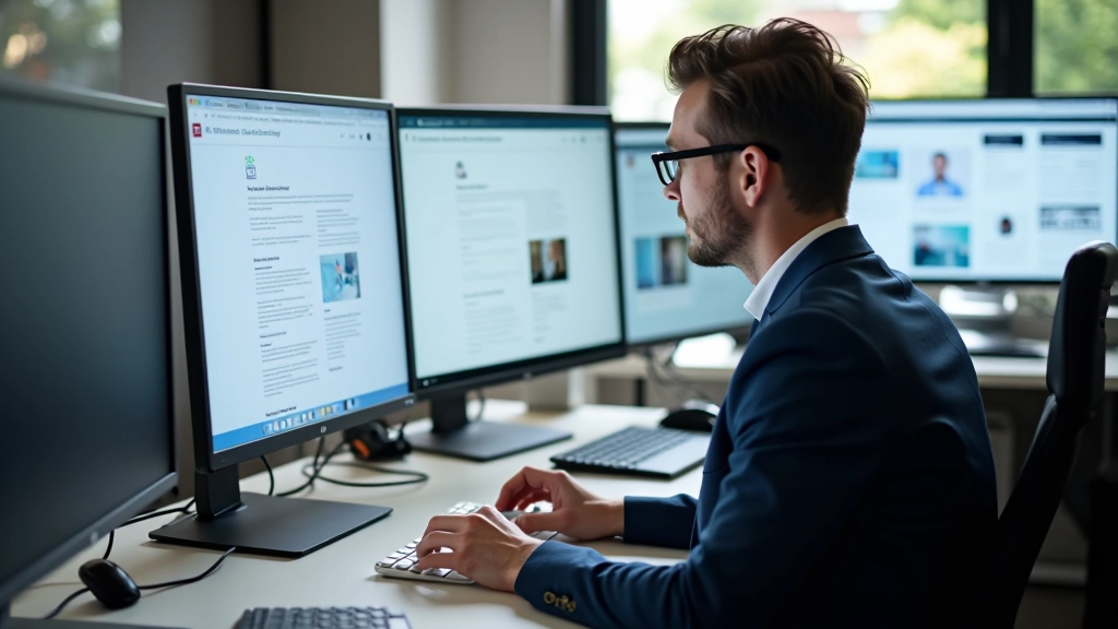 Professionelle Webdesign-Workspace mit Footer-Gestaltung auf mehreren Monitoren